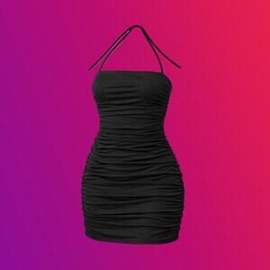 Ladies Black Ruched Halterneck Bodycon Mini Dress Size Large